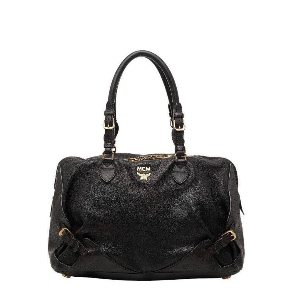 MCM Visetos Logo Gram Leather Shoulder Bag Black